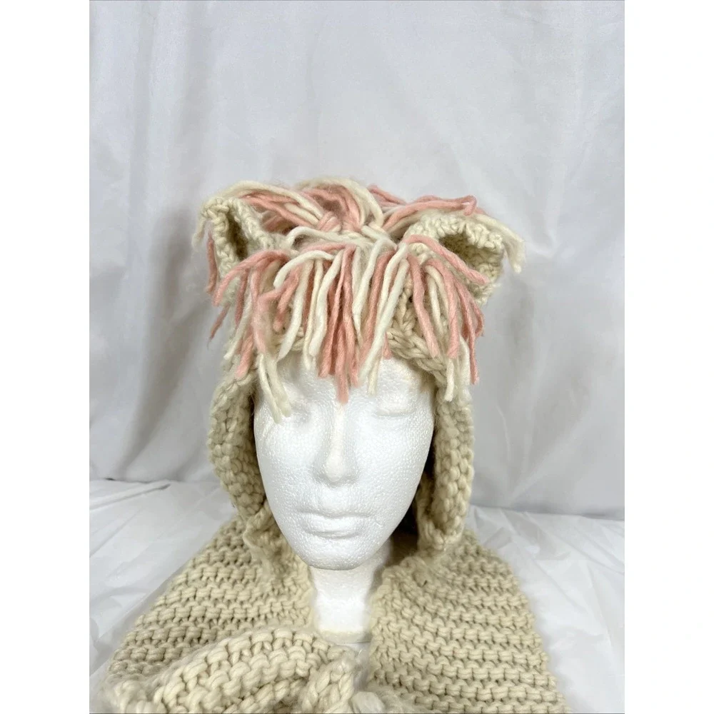 Girl's Crochet Hooded Scarf with‎ Ears/Mane/ Pink/Cream with Pockets